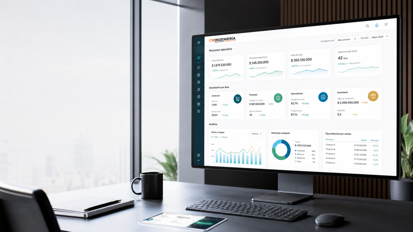 Dashboard ERP ejecutivo en oficina moderna